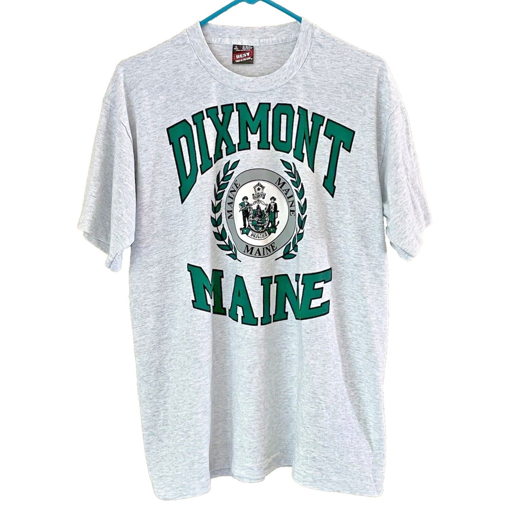 Dixmont Maine Spellout Gray Green Crest Fruit of the Loom Size L Vintage 90’s